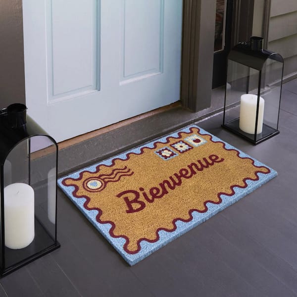 Bienvenue Postage Red/Blue 18 in. x 30 in. Coir Indoor/Outdoor Door Mat