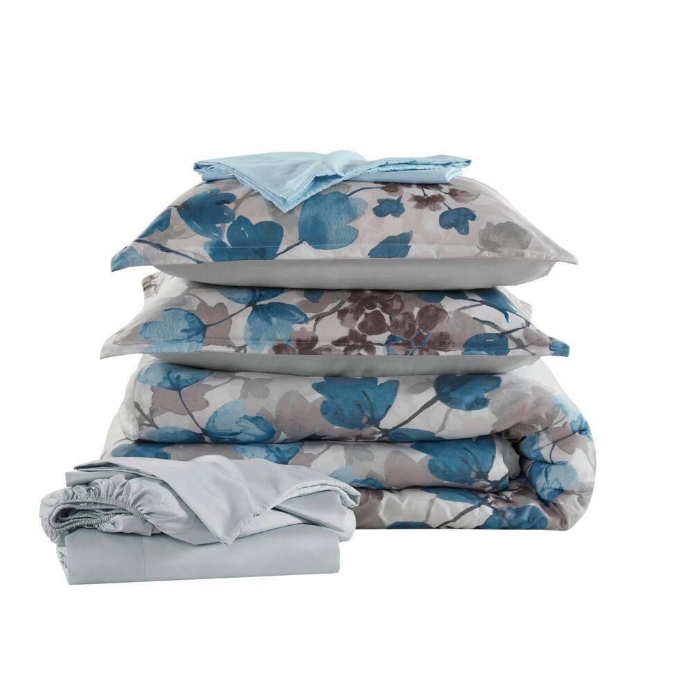 Twin Blue Floral Microfiber Bed in a Bag Set