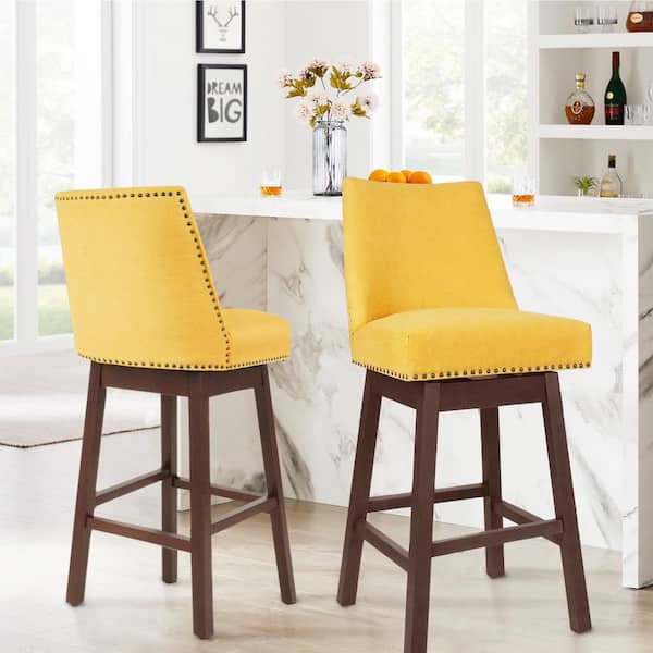 JEAREY 29.53 in Back Swivel Velvet Yellow Bar Stool with Rubber Wood Frame (Set of 2)