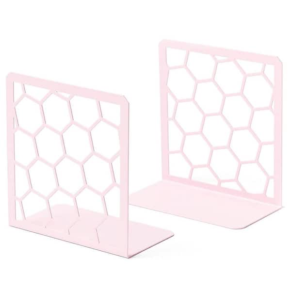 Pink 6 in. x 6.3 in. Metal Geometric Honeycomb Design Bookend, 1 Pair