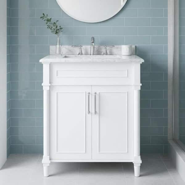 Aberdeen 30 in. Single Sink White Bath Vanity with Carrara Marble Top (Assembled)