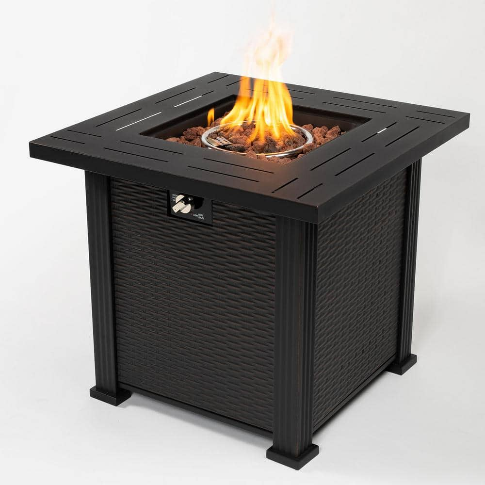 28 in. 40000BTU Outdoor Square Propane Steel Fire Pit Table with Rocks ...