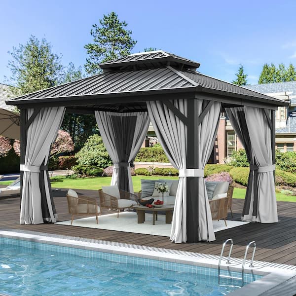 Sizzim 10 ft. x 12 ft. Outdoor Dual-Layer Galvanized Steel Gazebo with Netting and Curtains for Garden, Patio, Lawns