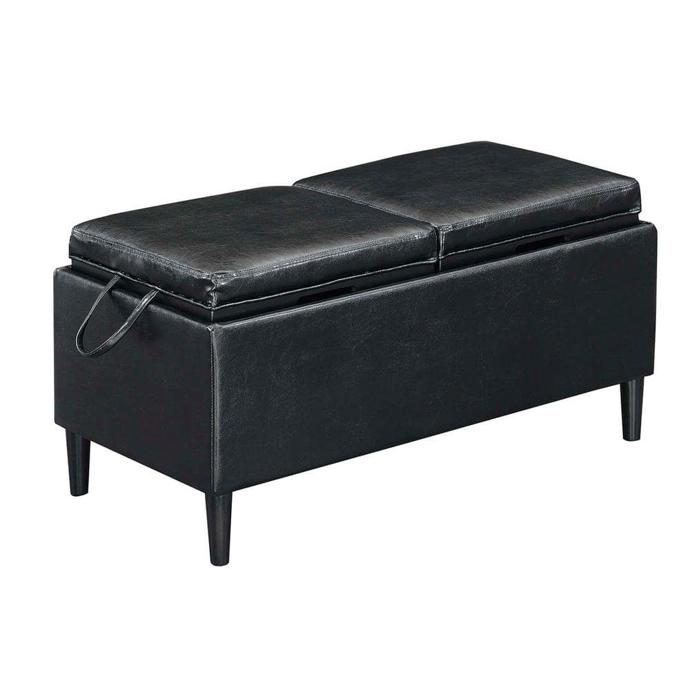 Black Faux Leather Storage Ottoman with Reversible Trays