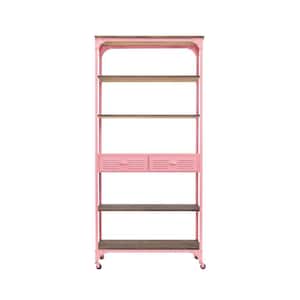 5-Tier Metal and Wood Shelving Unit with Drawers in Distressed Pink and Natural (36.62 in. W x 78.12 in. H x 16.5 in. D)
