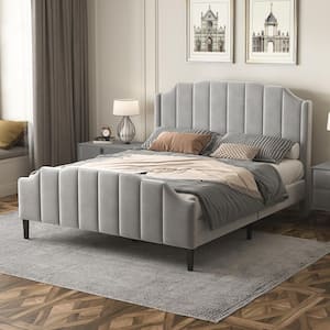 Gray Velvet Fabric Wood Frame Queen Size Upholstered Platform Bed with Headboard and Footboard