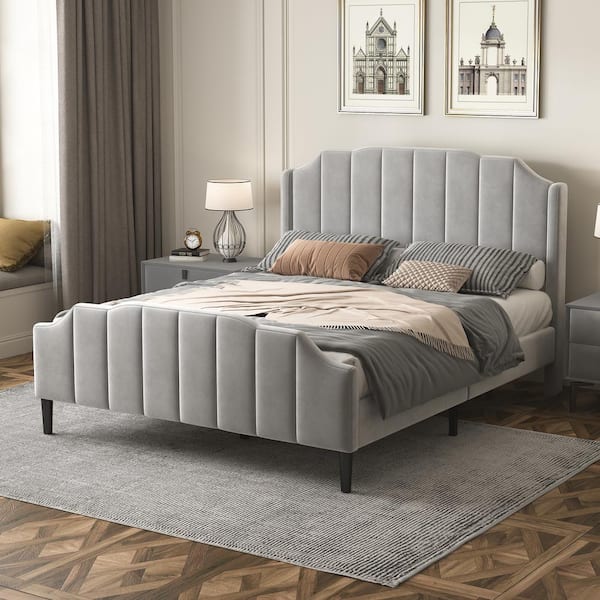 Harper & Bright Designs Gray Velvet Fabric Wood Frame Queen Size Upholstered Platform Bed with Headboard and Footboard