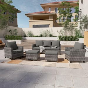 5-Piece Gray Wicker Patio Sofa Set Outdoor Conversation Set with 3-Seat Sofa Ottomans, Gray Cushions