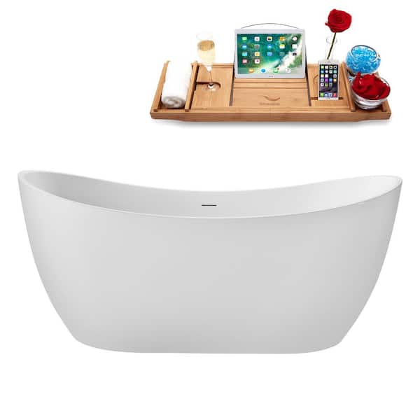 Streamline 66 in. x 32 in. Acrylic Freestanding Soaking Bathtub in Glossy White with Polished Chrome Drain, Bamboo Tray