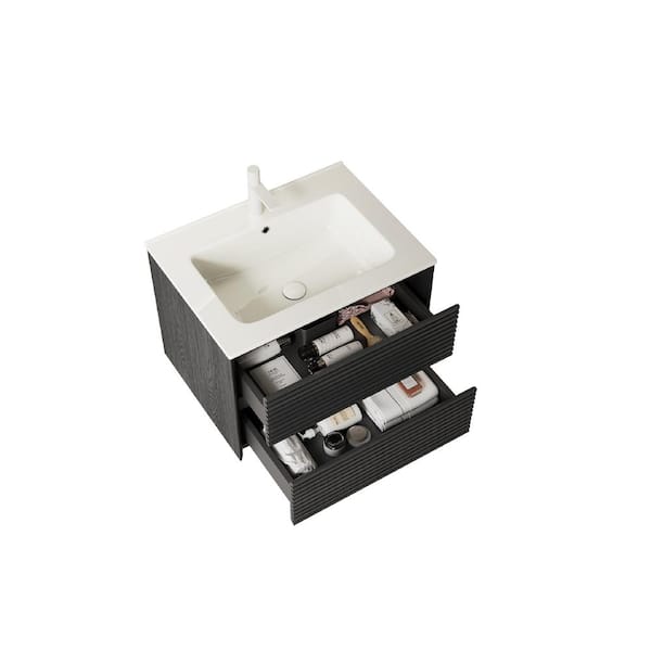24 in. Single Sink Floating Black Bath Vanity with White Ceramic Top, Pre-assembled