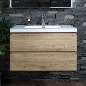 NJ 35.4 in. W x 19.63 in. D x 22.5 in. H Single Sink Floating Bath Vanity in Natural Oak with White Resin Top