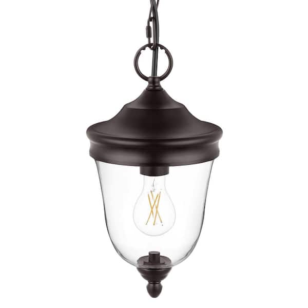 Hampton Bay Russo 13.75 in. 1-Light Matte Bronze Dimmable Outdoor Hanging Light Pendant Light with Clear Glass and No Bulb Included