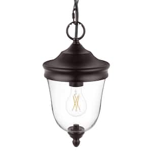 Russo 13.75 in. 1-Light Matte Bronze Hanging Dimmable Outdoor Pendant Light with Clear Glass and No Bulb Included