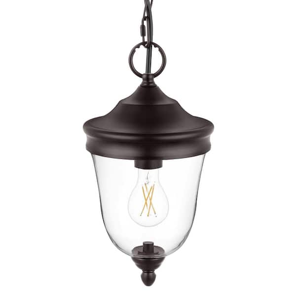 Hampton Bay Russo 13.75 in. 1-Light Matte Bronze Hanging Dimmable Outdoor Pendant Light with Clear Glass and No Bulb Included