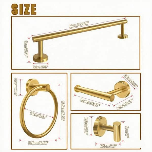 5-Piece Stainless Steel Bath Hardware Set with Mounting Hardware in Brushed Gold, 24 in. Bath Towel Bar, Wall Mounted