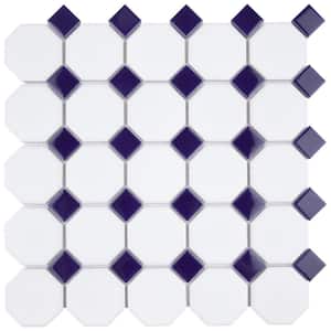 Metro Octagon Matte White with Cobalt Dot 11-1/2 in. x 11-1/2 in. Porcelain Mosaic Tile (9.4 sq. ft./Case)