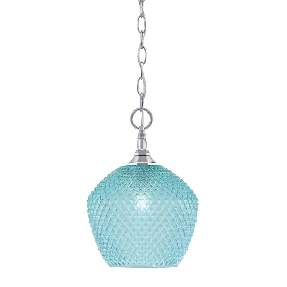 Elva 100-Watt 1-Light Chrome Shaded Pendant Light with 9 in. Turquoise Glas