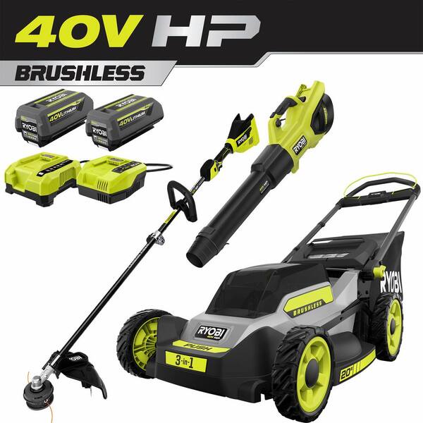 RYOBI 40V HP Brushless 20 in. Cordless Battery Walk Behind Push Mower, String Trimmer, & Blower