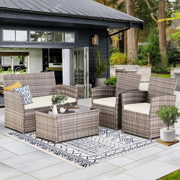 Gray 4-Piece Wicker Outdoor Patio Conversation Furniture Sofa Set with Beige Cushions and Coffee Table, Apt, Porch, Yard