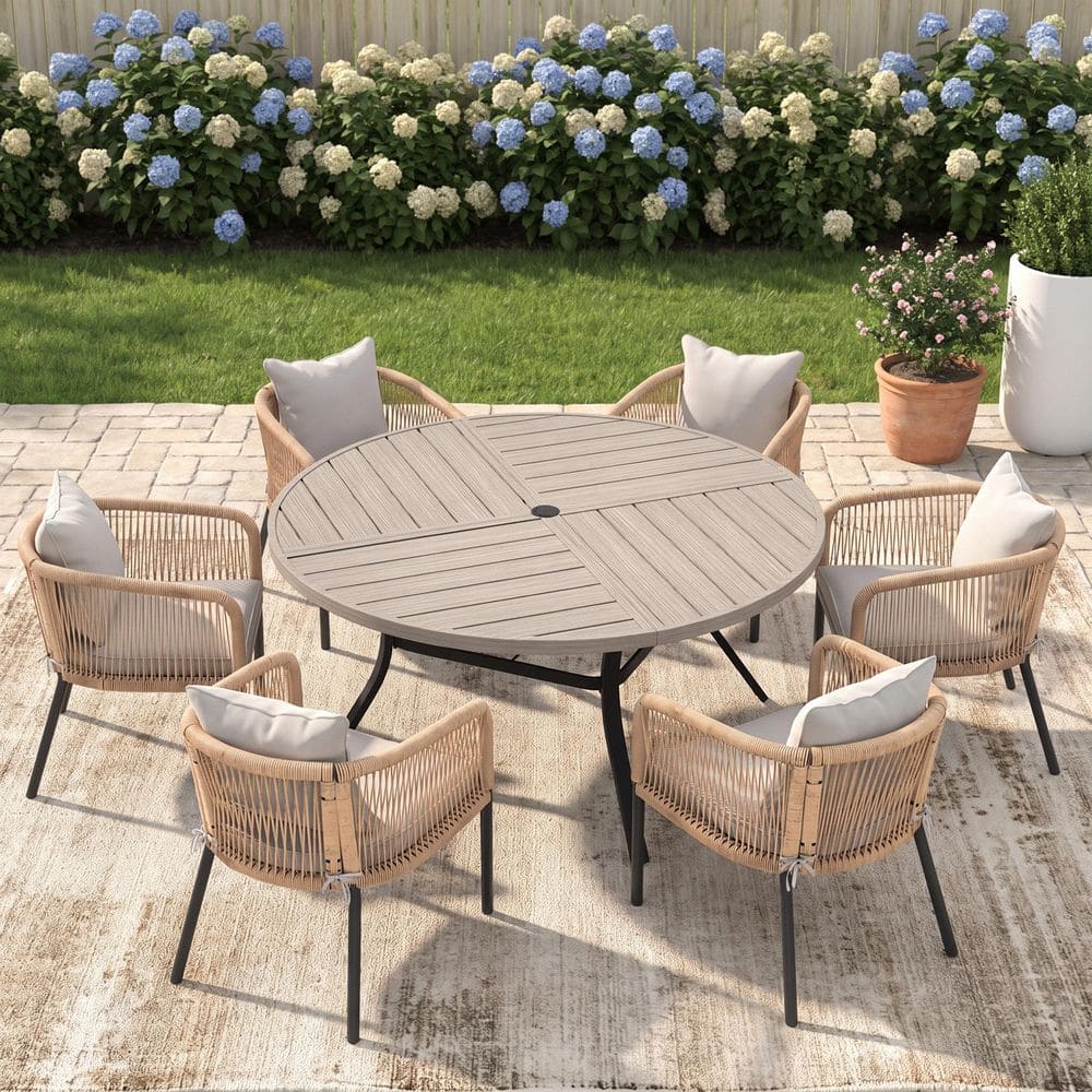 7-Piece 53.1 in. Gray Wood-Like Metal Round Patio Outdoor Dining Set with 6 Wheat Rattan Rope Chairs with White Cushions price history on PriceWatchPro