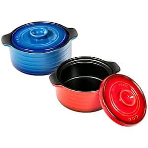 2-Piece Red and Blue Ceramic Multi-Pot Set with Lids