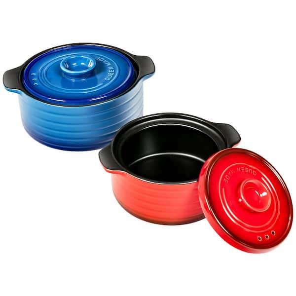 ANGELES HOME 2-Piece Red and Blue Ceramic Multi-Pot Set with Lids