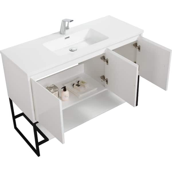 Allen 48 in. Freestanding White Bath Vanity Open-Shelf Bathroom Storage Vanity Cabinet with Glossy White Resin Top Basin