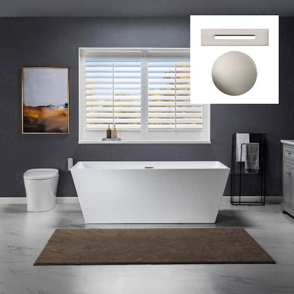 WOODBRIDGE Mulhouse 67 in. Acrylic FlatBottom Rectange Bathtub with Brushed Nickel Overflow and Drain Included in White