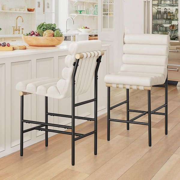 26" Beige Fabric Upholstered Counter Height Bar Stool Black Metal Legs Counter Stools w/ Tufted Back & Cushion Set of 2
