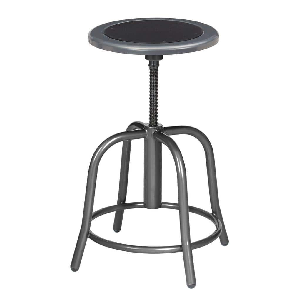 Vince adjustable height swivel stool with grey metal frame and black seat, maximum height position.