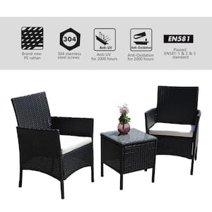 3-Pieces Wicker Patio Conversation Seating Set with White Cushions