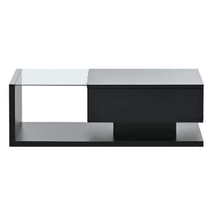39.3 in. Black Rectangle Storage Particle Board Coffee Table with Drawers and Glass Top