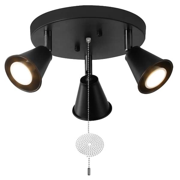 3-Light Black Industrial Directional Track Light with Pull Chain, 3 GU10 Bulbs, Indoor Flush Mount