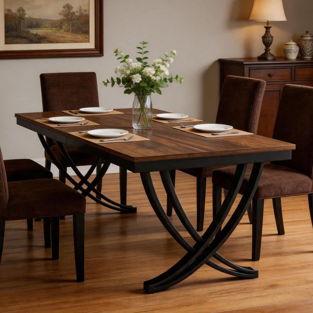 Roesler Brown Wooden 78.7 in. 4 Legs Rectangle Dining Table Rustic Kitchen Table for 6-8 People with Metal Frame