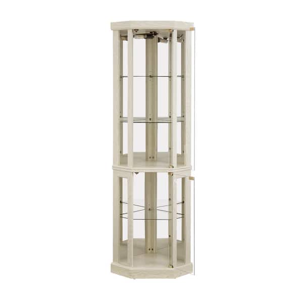 White Lighted Corner Curio Cabinet-Glass Display Case with Built-in Lighting for Antiques & Wine