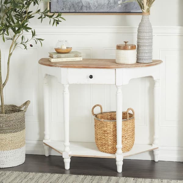 Litton Lane 36 in. White Extra Large Rectangle Wood 1 Drawer and 1 Shelf Console Table with Brown Wood Top