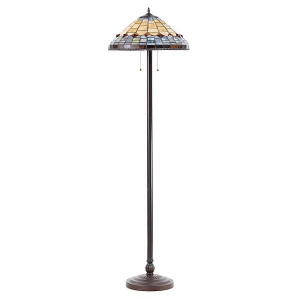 River of Goods Samantha 62.25 in. Bronze Tiffany Stained Glass Candlestick Floor Lamp with Dome Shade