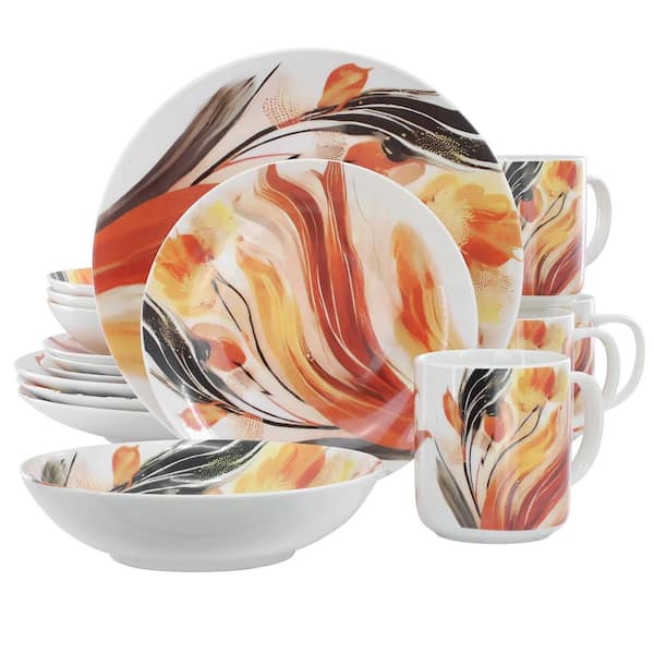 Elama Summer Daydream 16-Piece Multi-Color Round Porcelain Dinnerware Set