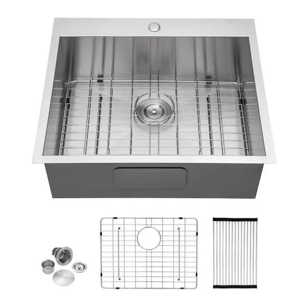 Sarlai 28 in. Drop-In/Topmount Single Bowl 18-Gauge Brushed Nickel Stainless Steel Kitchen Sink with Roll Up Rack