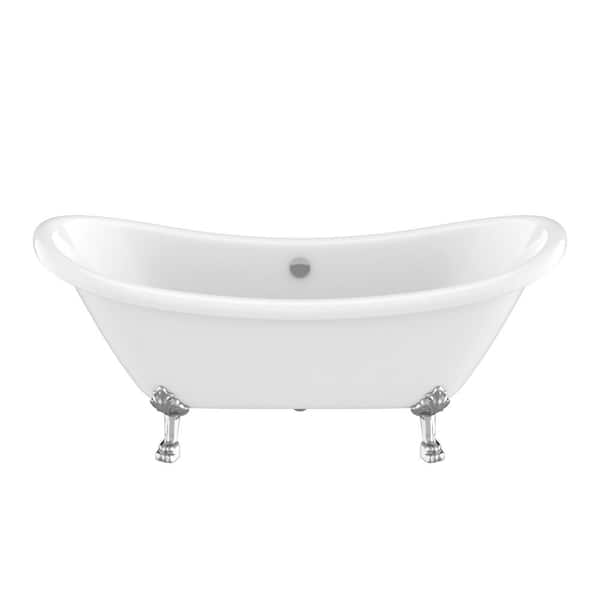 ANZZI Belissima 70 in L x 28 in W Acrylic Double Slipper Clawfoot Non-Whirlpool Bathtub in White with Chrome Lion's Paw Feet