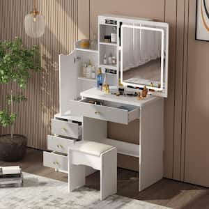 4-Drawers White Wood Makeup Vanity Sets Dressing Table Sets with Stool, Mirror, LED Light, Door and Storage Shelves