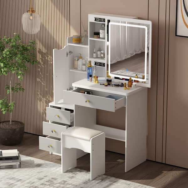 FUFU&GAGA 4-Drawers White Wood Makeup Vanity Sets Dressing Table Sets with Stool, Mirror, LED Light, Door and Storage Shelves