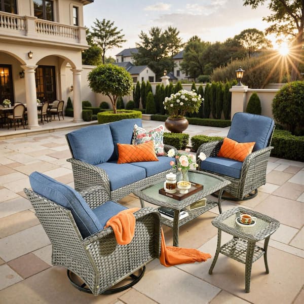 Victor 5 Pieces Wicker Outdoor Patio and Swivel Rocking Chairs with Denim Blue Cushions