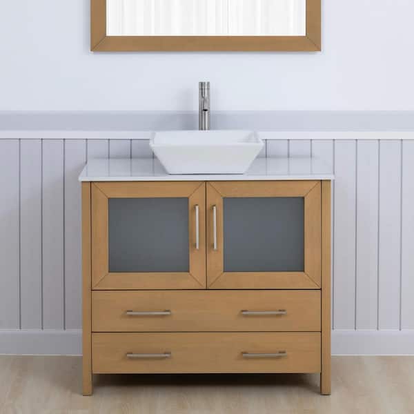 36 in. W Single Basin Natural Oak Bath Vanity with White Engineered Marble Top and Mirror