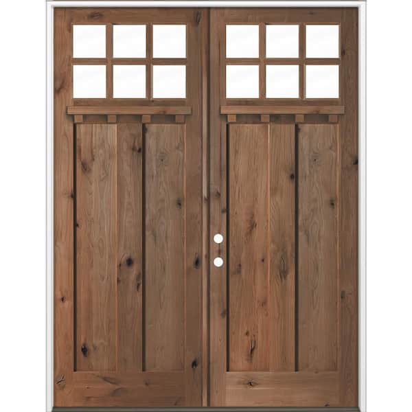 72 in. x 96 in. Knotty Alder Right-Hand/Inswing Double DS 6-Lite Clear Glass True Black Stain Wood Prehung Front Door
