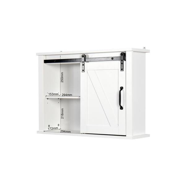 27-in W x 7.8-in D x 20-in H in MDF Ready to Assemble Wall Bathroom Medicine Cabinet in White with Sliding Barn Door