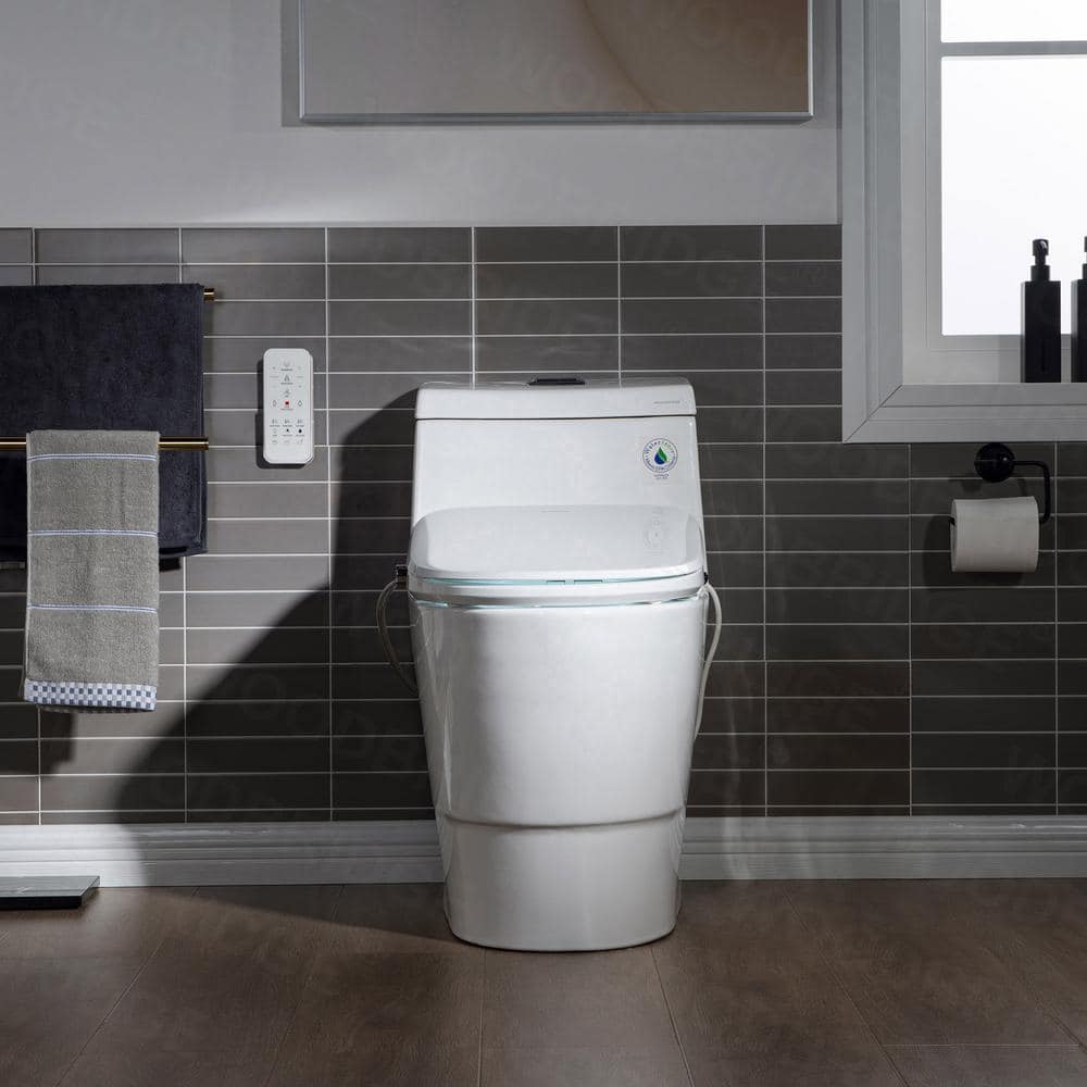White Porcelain One-Piece Elongated Dual Flush Toilet with Smart Bidet Seat