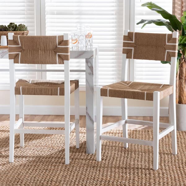 Talli 25 in. White Wood Counter Stool with Woven Seat (Set of 2)