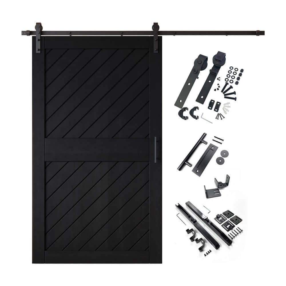 XT1 48 in. x 84 in. C-Panel Black Slanted Stripe Design Solid Pine Wood Sliding Barn Door with Hardware Kit price history on PriceWatchPro