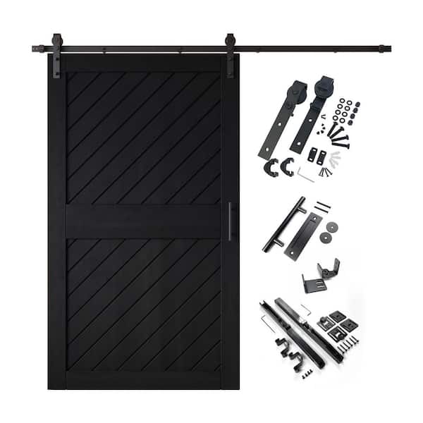 HOMACER XT1 50 in. x 84 in. C-Panel Black Slanted Stripe Design Solid Pine Wood Sliding Barn Door with Hardware Kit